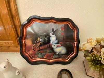 VINTAGE TOLE METAL TRAY, MOSAIC GLASS VOTIVE HOLDER, SILK FLOWERS AND A RABBIT FIGURE