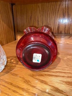 FENTON CRANBERRY GLASS RUFFLED BASKET AND WATERFORD CRYSTAL VOTIVE CANDLE HOLDERS