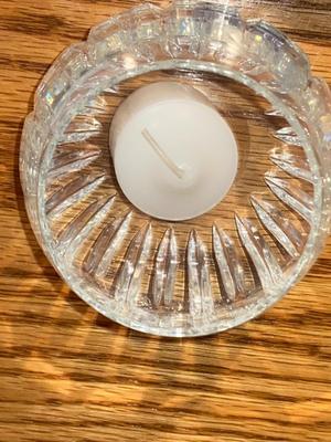 FENTON CRANBERRY GLASS RUFFLED BASKET AND WATERFORD CRYSTAL VOTIVE CANDLE HOLDERS