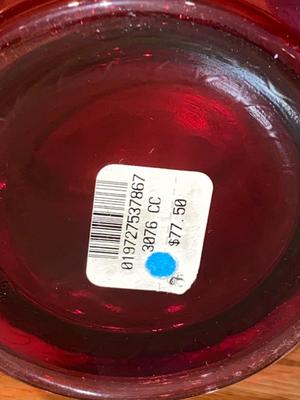 FENTON CRANBERRY GLASS RUFFLED BASKET AND WATERFORD CRYSTAL VOTIVE CANDLE HOLDERS