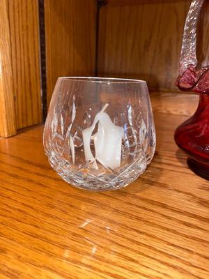 FENTON CRANBERRY GLASS RUFFLED BASKET AND WATERFORD CRYSTAL VOTIVE CANDLE HOLDERS