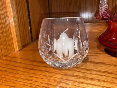 FENTON CRANBERRY GLASS RUFFLED BASKET AND WATERFORD CRYSTAL VOTIVE CANDLE HOLDERS