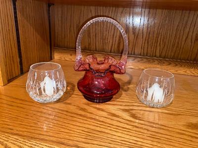 FENTON CRANBERRY GLASS RUFFLED BASKET AND WATERFORD CRYSTAL VOTIVE CANDLE HOLDERS