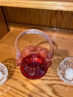 FENTON CRANBERRY GLASS RUFFLED BASKET AND WATERFORD CRYSTAL VOTIVE CANDLE HOLDERS