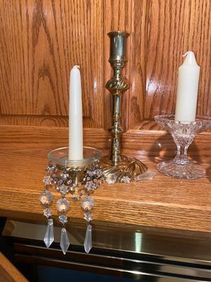 SILVER PLATED CANDLESTICK HOLDERS WITH CRYSTAL ACCENTS AND LEAD CRYSTAL CENTERPIECE CANDLE HOLDER