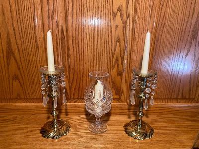 SILVER PLATED CANDLESTICK HOLDERS WITH CRYSTAL ACCENTS AND LEAD CRYSTAL CENTERPIECE CANDLE HOLDER