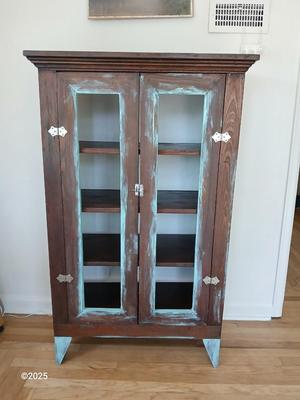 Very cute, Colonial blue distressed linen / Pie taker / kitchen storage cabinet / Bookcase open front display case