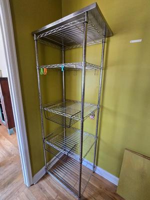 Stainless steel adjustable storage shelf with an assortment of hooks and clips - and some wood for shelves can honey do NSF Marked
