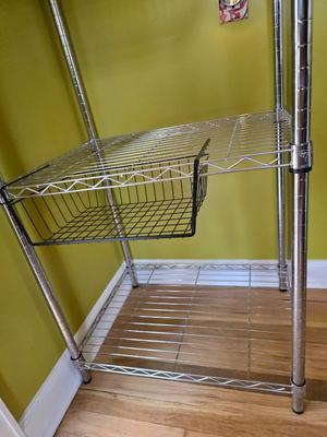 Stainless steel adjustable storage shelf with an assortment of hooks and clips - and some wood for shelves can honey do NSF Marked