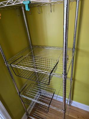 Stainless steel adjustable storage shelf with an assortment of hooks and clips - and some wood for shelves can honey do NSF Marked