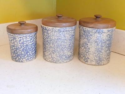Three-piece canister set - Pottery Roseville Ohio Blue Spongeware canister set Marked R.R.P.Co. Roseville, O. USA #700-D