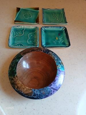 Beautiful signed wood bowl and four pottery square plates / spoon rests / tea bag