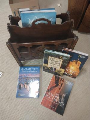 VINTAGE WOODEN MAGAZINE HOLDER AND HARDBACK BOOKS