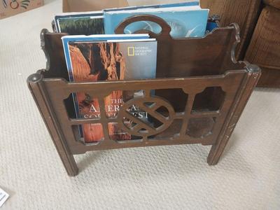 VINTAGE WOODEN MAGAZINE HOLDER AND HARDBACK BOOKS
