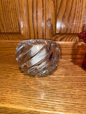 FENTON BASKET AND CRYSTAL VOTIVE CANDLE HOLDERS