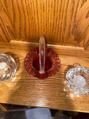 FENTON BASKET AND CRYSTAL VOTIVE CANDLE HOLDERS