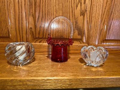 FENTON BASKET AND CRYSTAL VOTIVE CANDLE HOLDERS