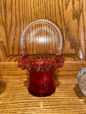 FENTON BASKET AND CRYSTAL VOTIVE CANDLE HOLDERS