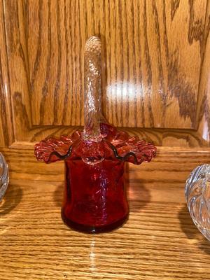 FENTON BASKET AND CRYSTAL VOTIVE CANDLE HOLDERS