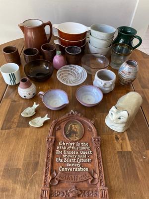 Variety of pottery, dishes, vases, picture
