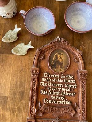 Variety of pottery, dishes, vases, picture