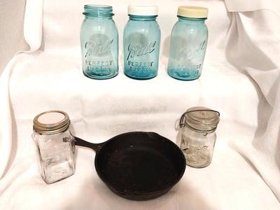 CAST IRON SKILLET MADE IN USA AND VINTAGE JARS
