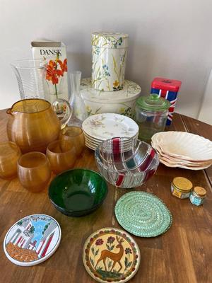 Dansk vase, Amber ribbed pitcher w/glasses & more!