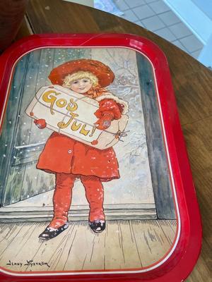 Hall teapot, wood trays, metal God Jul tray, and wooden bowl