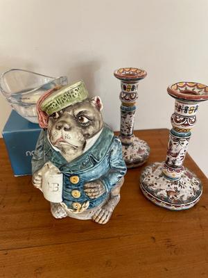 Nambe candle holder, candlesticks from Portugal and dog cookie jar