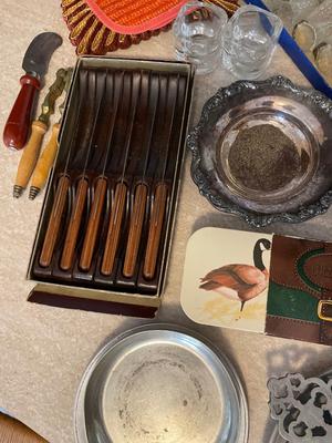 Sterling and crystal salt and pepper, shakers, carving set, steak, knives, etc.
