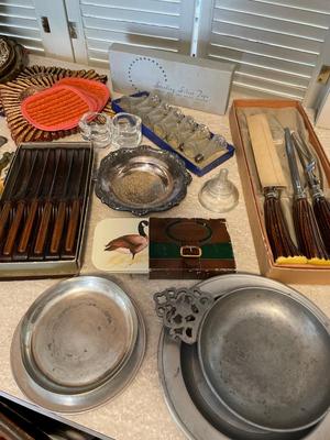 Sterling and crystal salt and pepper, shakers, carving set, steak, knives, etc.