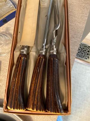 Sterling and crystal salt and pepper, shakers, carving set, steak, knives, etc.
