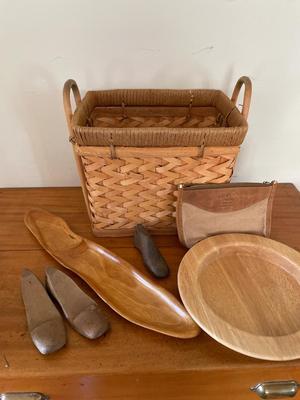 Wood shoe decor, Crate & Barrel plate, basket