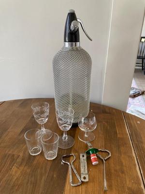 Vintage soda seltzer, and barware