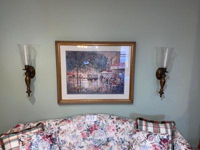LOU GORDON “THE WINDOW GARDEN” EDITION 192/1000 FRAMED ARTWORK AND BRASS CANDLE WALL SCONCES