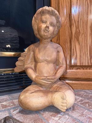 HAND CARVED WOODEN ANGEL AND PLASTER ANTIQUE ANGEL