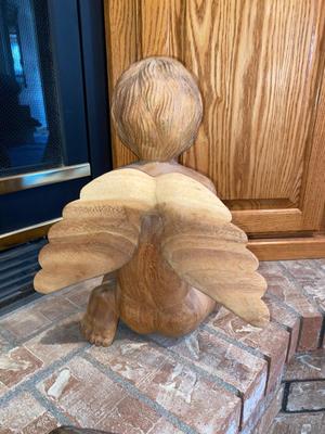 HAND CARVED WOODEN ANGEL AND PLASTER ANTIQUE ANGEL