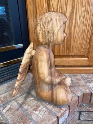 HAND CARVED WOODEN ANGEL AND PLASTER ANTIQUE ANGEL