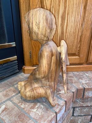HAND CARVED WOODEN ANGEL AND PLASTER ANTIQUE ANGEL