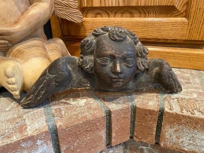 HAND CARVED WOODEN ANGEL AND PLASTER ANTIQUE ANGEL