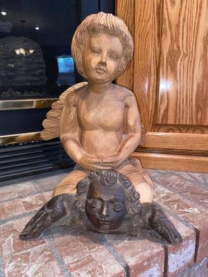 HAND CARVED WOODEN ANGEL AND PLASTER ANTIQUE ANGEL