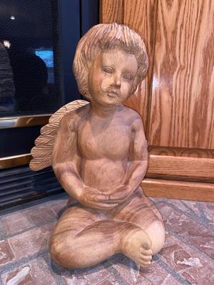 HAND CARVED WOODEN ANGEL AND PLASTER ANTIQUE ANGEL