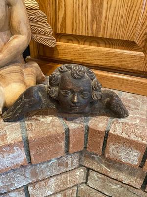 HAND CARVED WOODEN ANGEL AND PLASTER ANTIQUE ANGEL