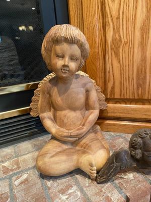 HAND CARVED WOODEN ANGEL AND PLASTER ANTIQUE ANGEL