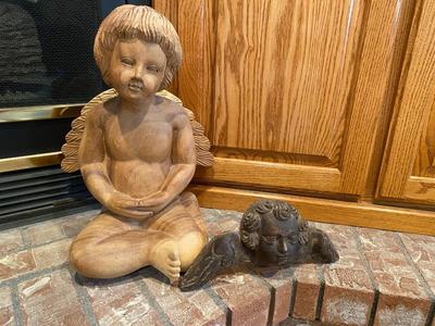 HAND CARVED WOODEN ANGEL AND PLASTER ANTIQUE ANGEL