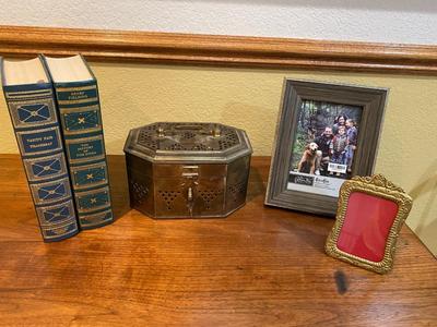 BOOKS, PICTURE FRAMES AND BRASS HOME DECOR