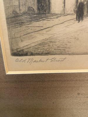 OLD ETCHING TITLED "OLD MARKET STREET" PURCHASED IN ENGLAND