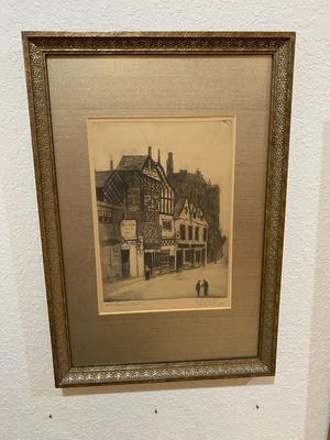 OLD ETCHING TITLED "OLD MARKET STREET" PURCHASED IN ENGLAND
