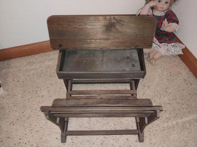 WOODEN DOLL SCHOOL DESK AND DOLL