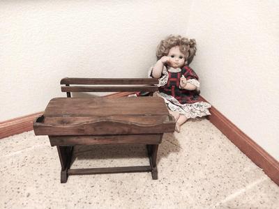 WOODEN DOLL SCHOOL DESK AND DOLL